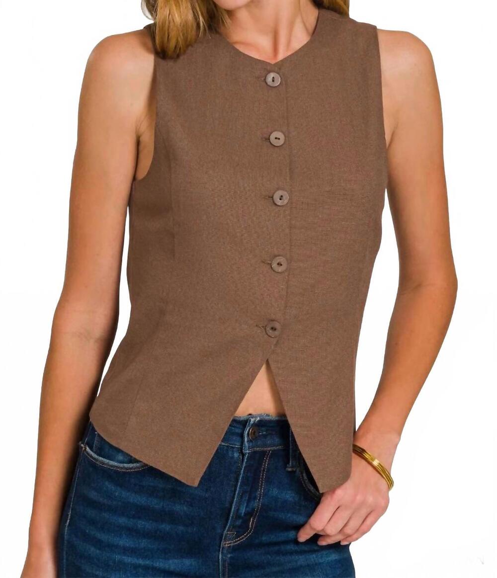 NEW ZENANA linen button vest in brown